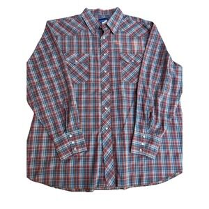 Wrangler Western Pearl Snap Shirt Mens 3XL Plaid Cowboy 2-Pocket Red Blue